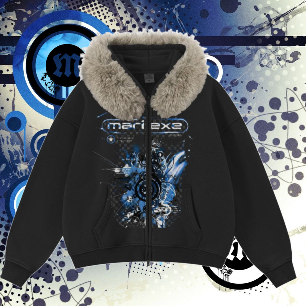 Blue FrutigerMetro Faux Fur Zipper Hoodie