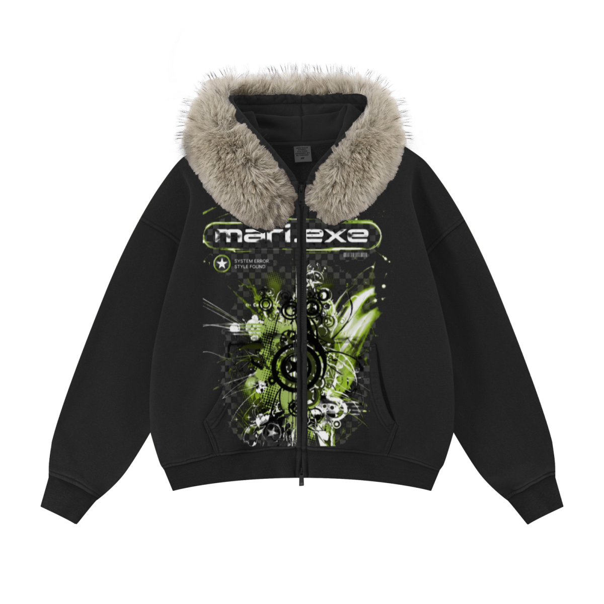 400GSM Unisex Vintage Boxyfit Faux Fur Collar Zipper Hoodie Vintage Black
