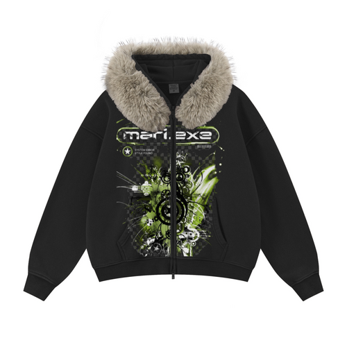 400GSM Unisex Vintage Boxyfit Faux Fur Collar Zipper Hoodie Vintage Black