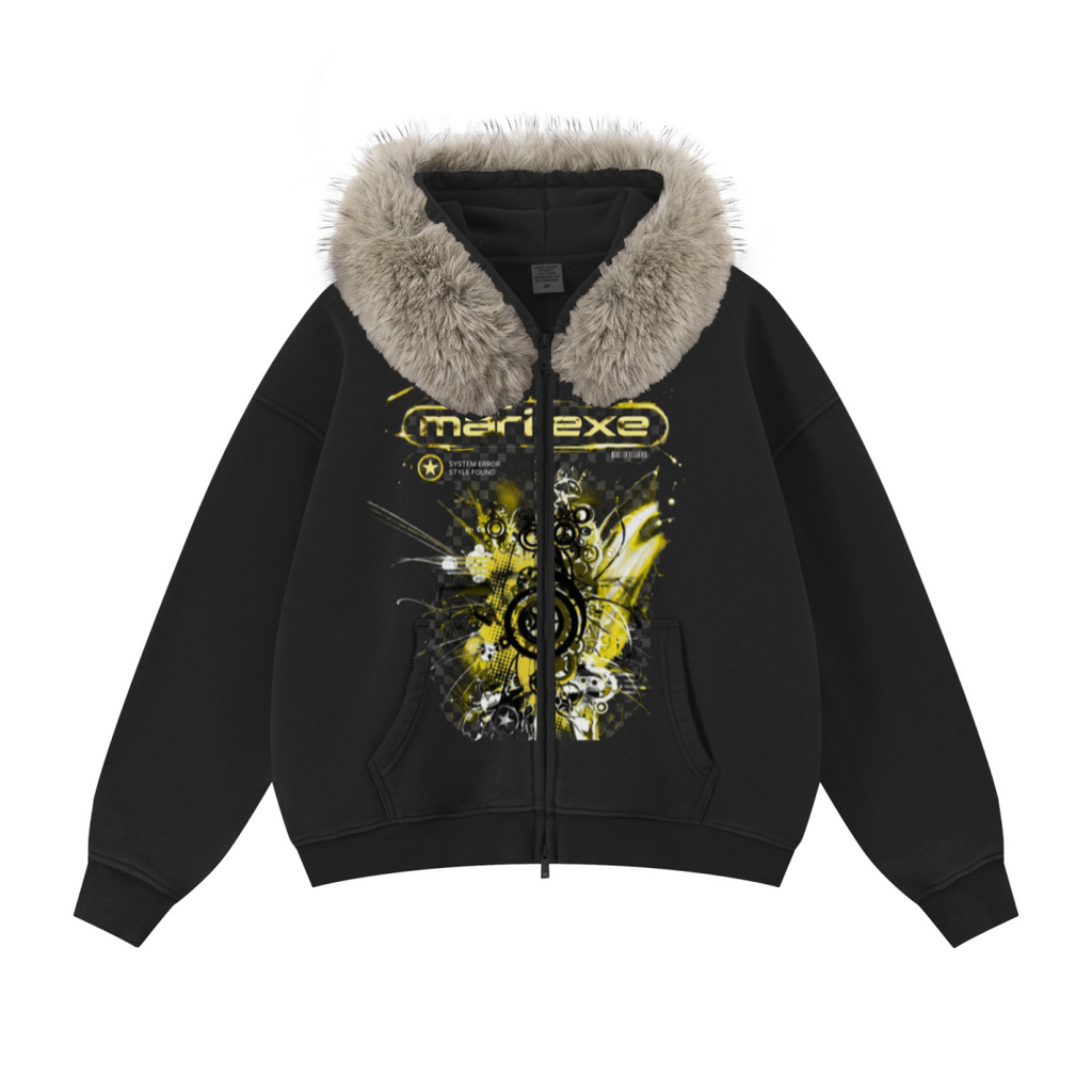 400GSM Unisex Vintage Boxyfit Faux Fur Collar Zipper Hoodie Vintage Black