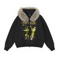 400GSM Unisex Vintage Boxyfit Faux Fur Collar Zipper Hoodie Vintage Black