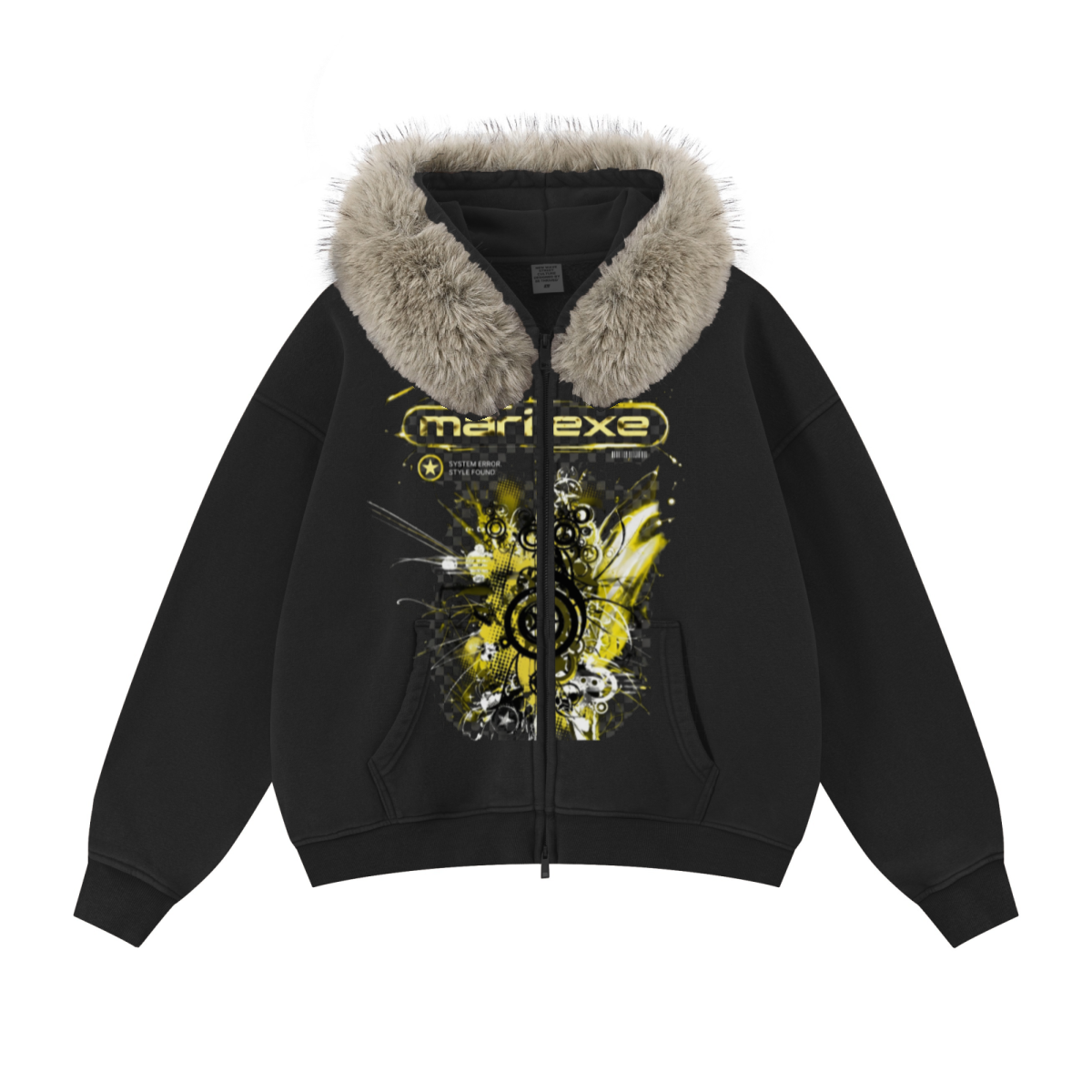 400GSM Unisex Vintage Boxyfit Faux Fur Collar Zipper Hoodie Vintage Black