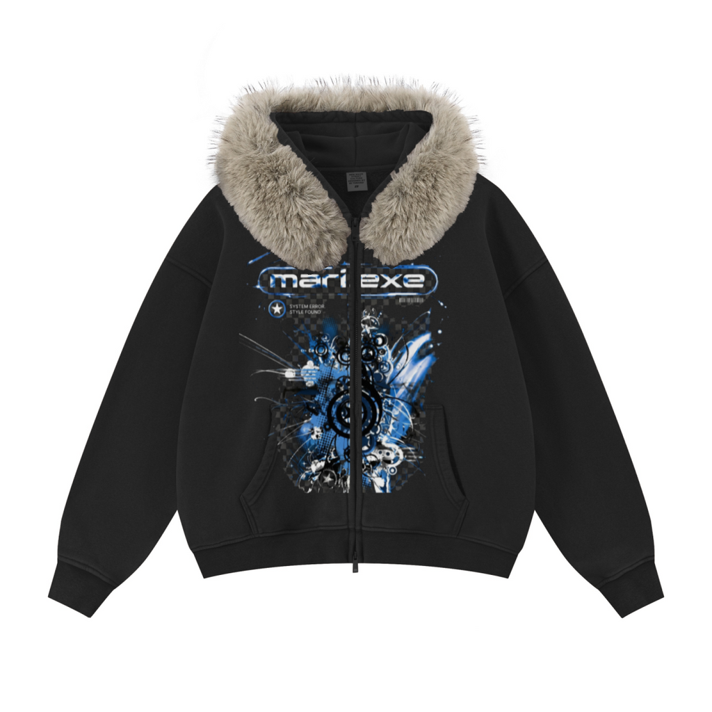 400GSM Unisex Vintage Boxyfit Faux Fur Collar Zipper Hoodie Vintage Black