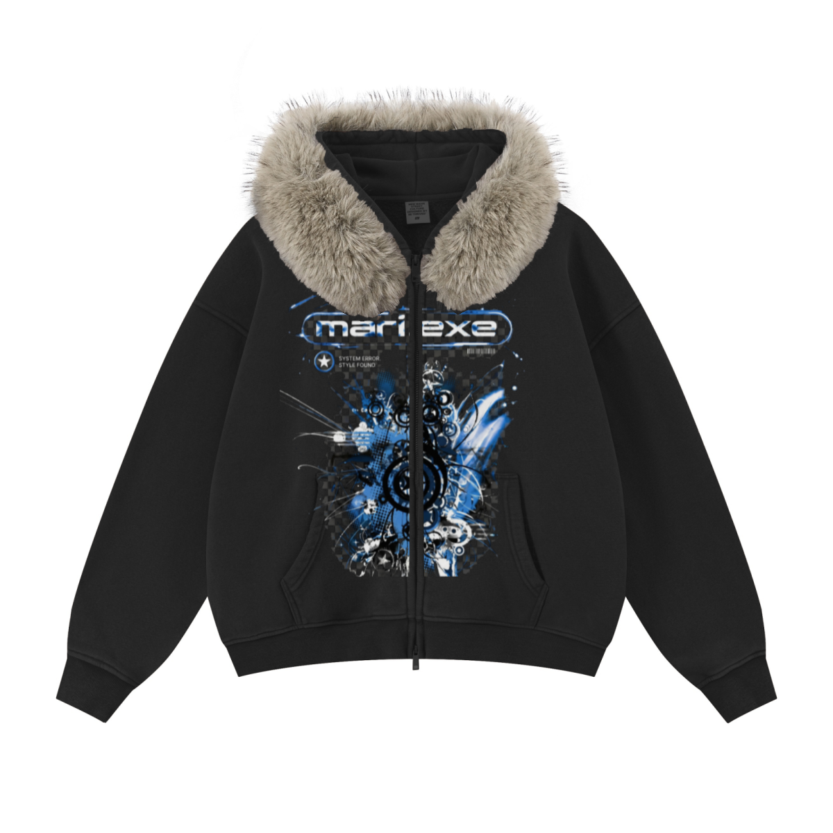 400GSM Unisex Vintage Boxyfit Faux Fur Collar Zipper Hoodie Vintage Black