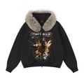 400GSM Unisex Vintage Boxyfit Faux Fur Collar Zipper Hoodie Vintage Black
