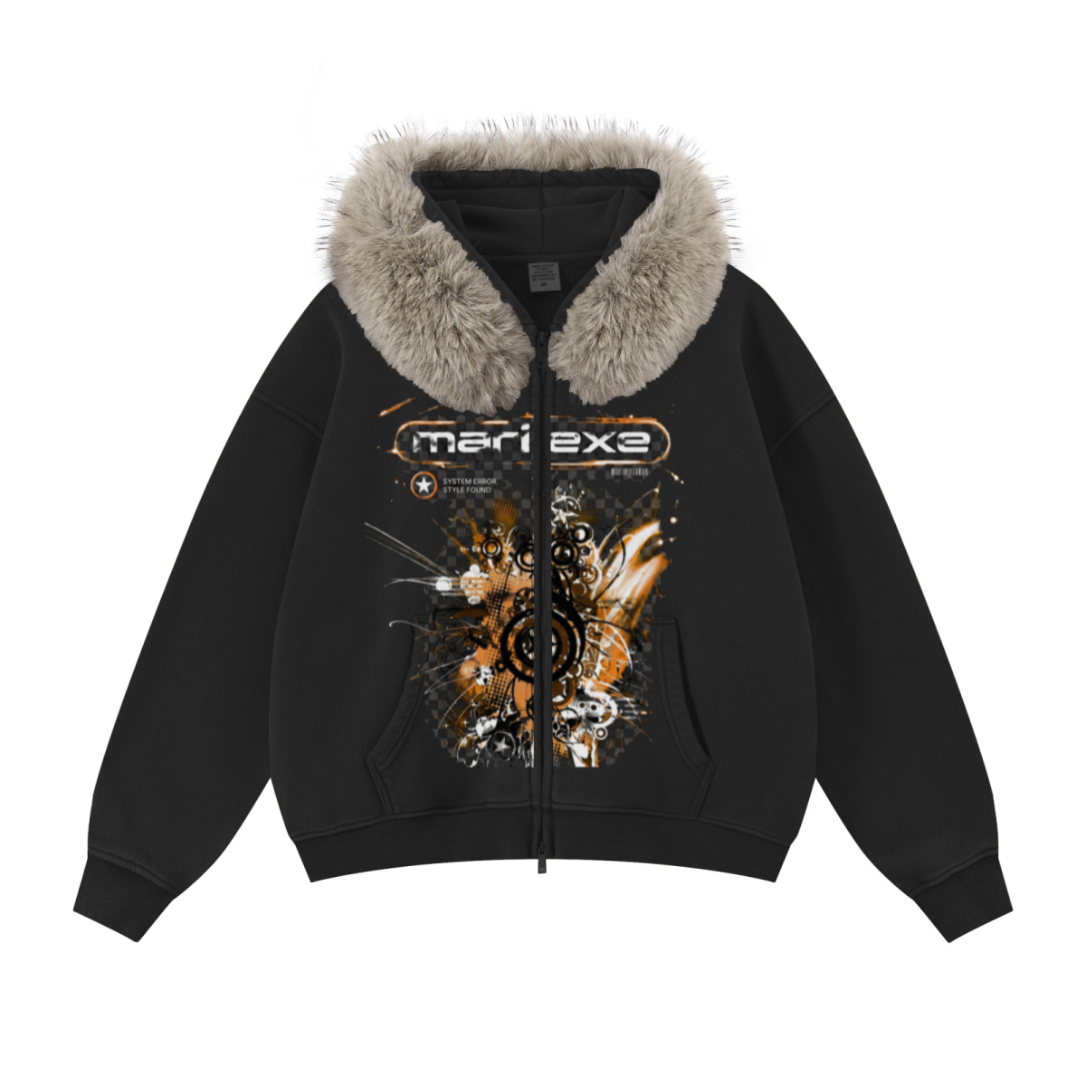 400GSM Unisex Vintage Boxyfit Faux Fur Collar Zipper Hoodie Vintage Black