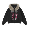 400GSM Unisex Vintage Boxyfit Faux Fur Collar Zipper Hoodie Vintage Black
