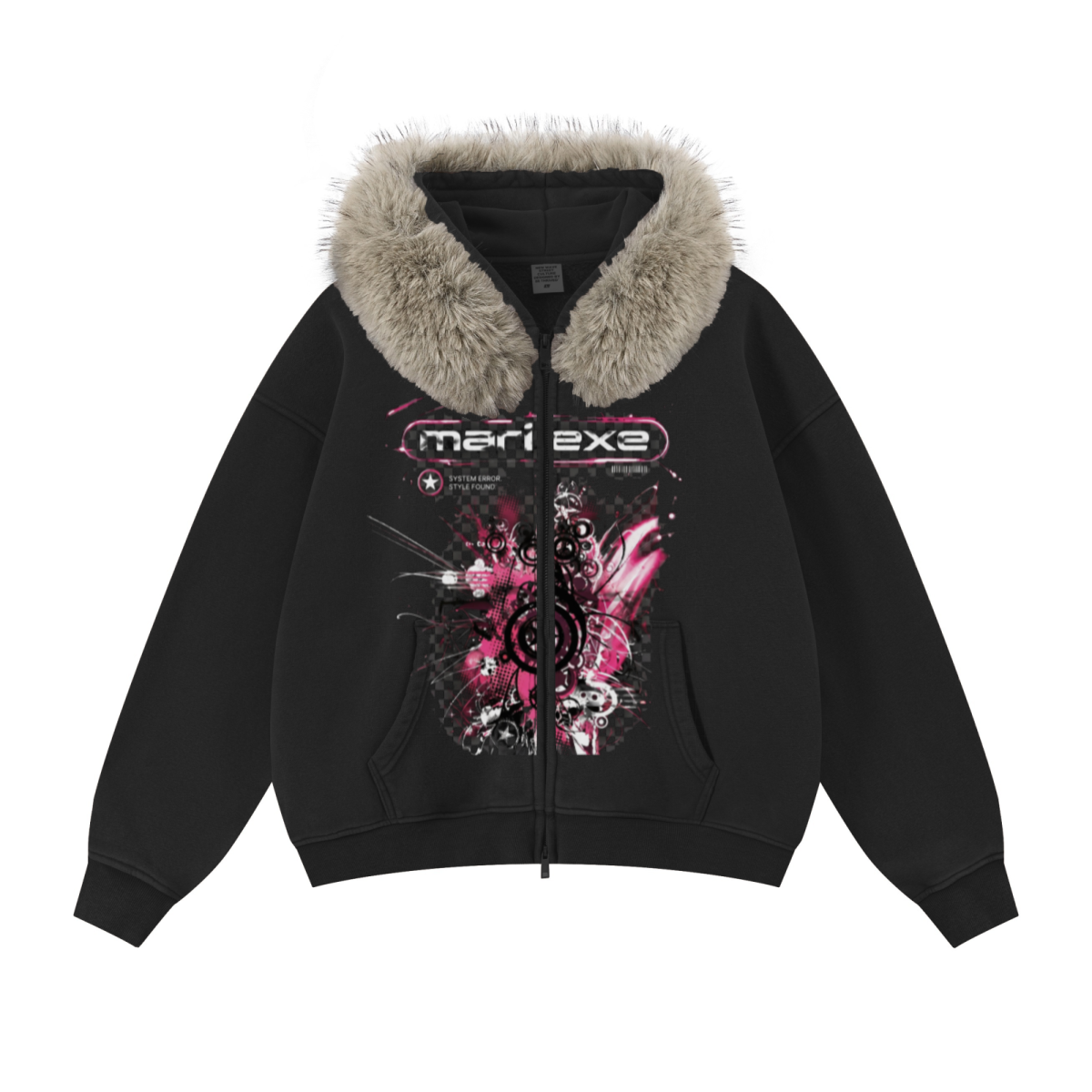 400GSM Unisex Vintage Boxyfit Faux Fur Collar Zipper Hoodie Vintage Black